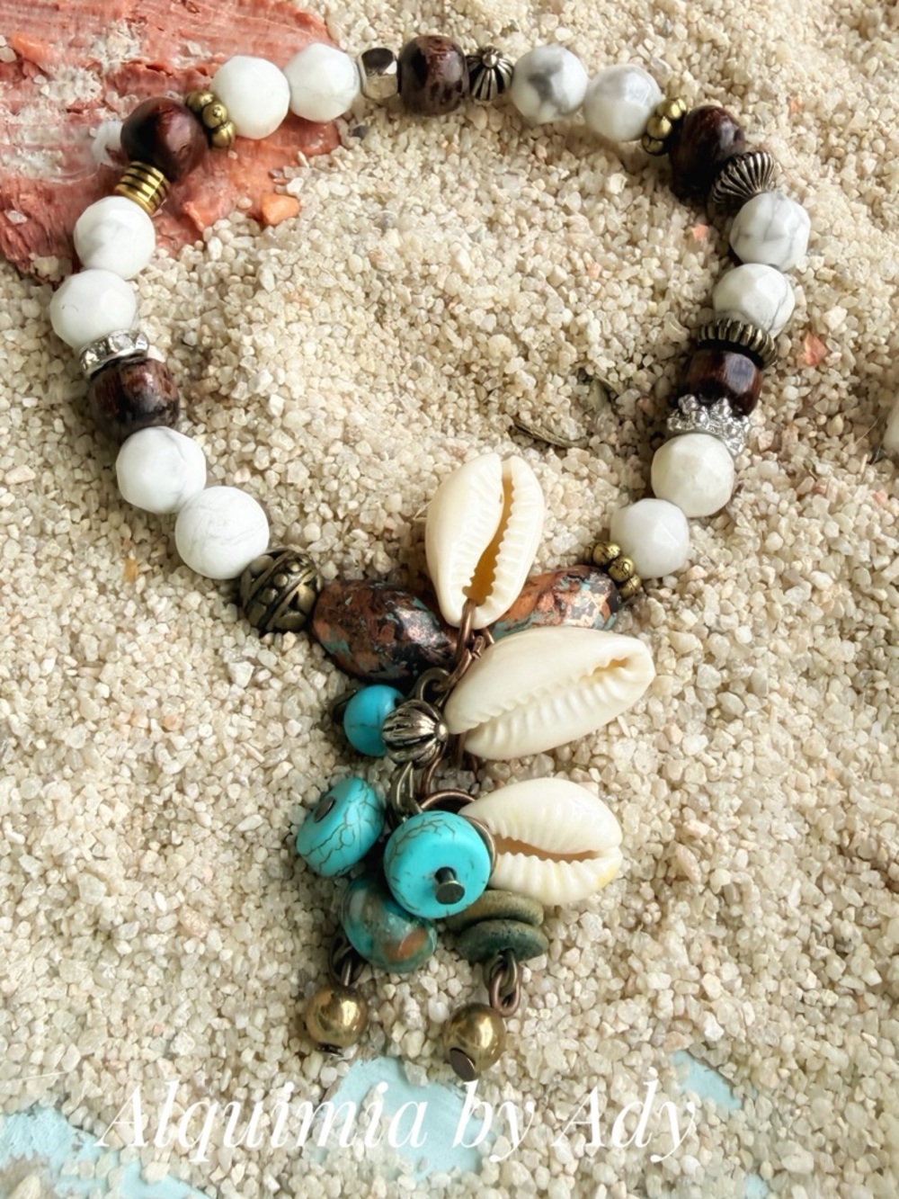 Summer boho + Baroque +White and Turquoise Shell Bead Necklace - Picture 3 of 7